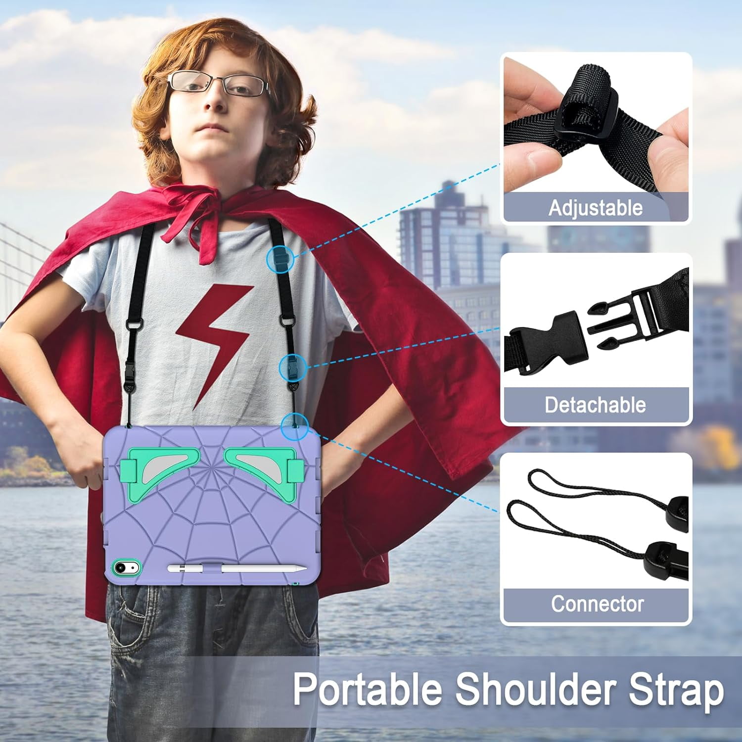 REQO iPad 10th Generation Case 2022, Kids Friendly iPad 10.9 Case with Kickstand Shoulder Strap Pencil Holder, Heavy Duty Protective Case for iPad 10th Generation 2022 Release, Purple Mint