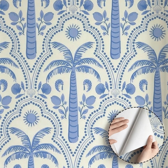 Blue Coastal Tropical Palm Tree Lemon Seashell Sun Wallpaper Boho Funky Quirky Peel and Stick Wallpaper Waterproof Home Decor for Living Room Bedroom Bathroom Kitchen Cabinet Dorm Room 17.7 * 118 in