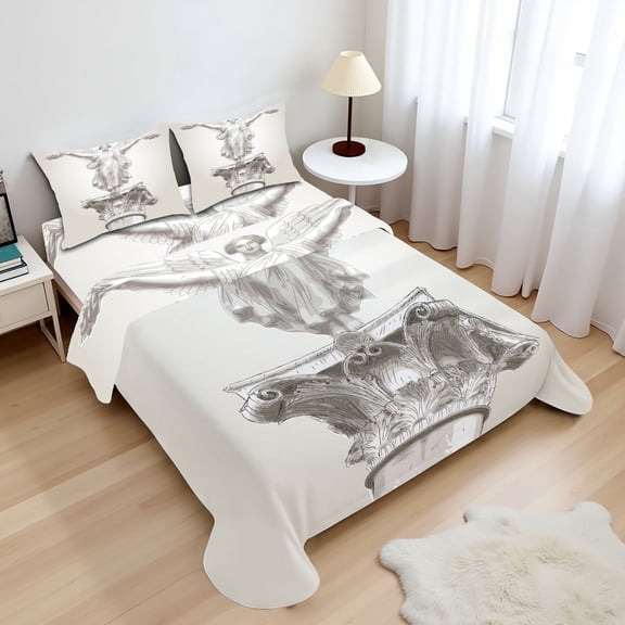 Ambesonne White Fitted & Top Sheet Set with Shams, Greek Myth Muse Neo Antique, White Eggshell