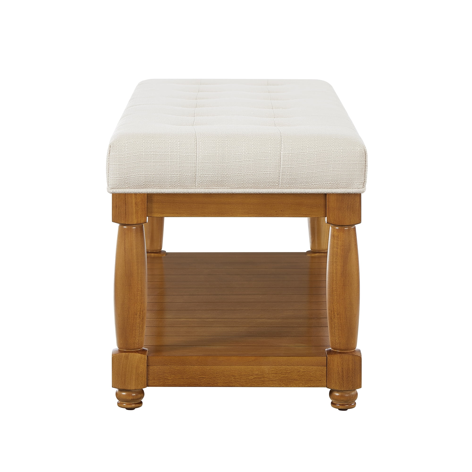 Leumius Upholstered Linen Bench with Storage Shelf, Solid Wood Spindle Legs Accent Furniture Tufted Ottoman Bench for Bedroom Entryway Living Room Ivory