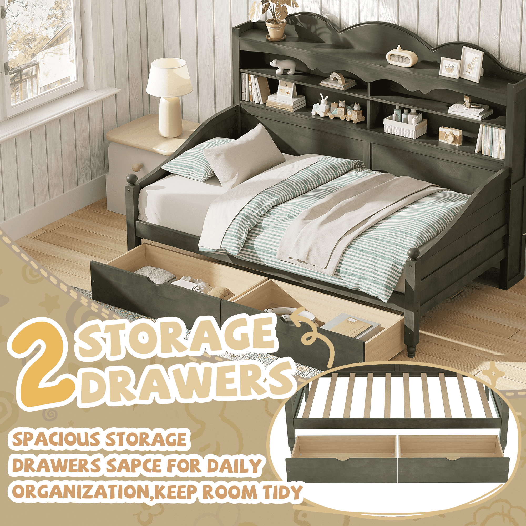 Euroco Wood Twin Size Daybed with Drawers, Captain Bed with Shelves, Antique Grey