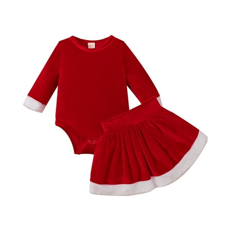 

Toddler Girls Outfit Xmas Baby Long Sleeve Solid Romper Bodysuit Tops Patchwork Skirt Christmas Set 2Pcs