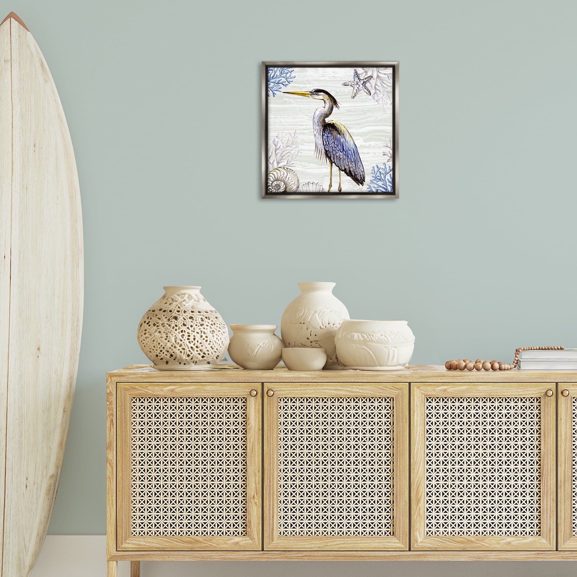 Stupell Industries Beach Bird Heron & Coral Animals Painting Gray Floater Framed Canvas Art Print Wall Art, 18 x 18