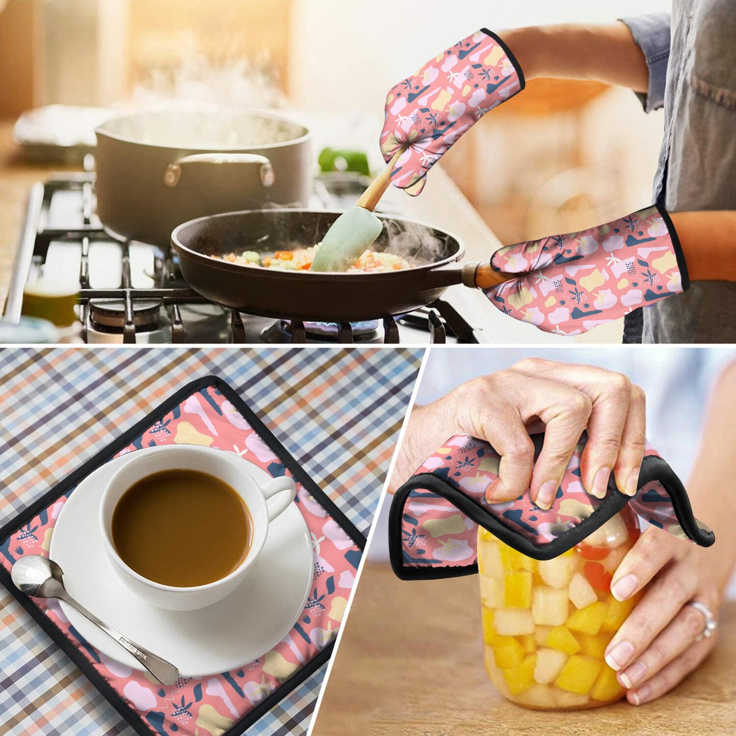 Floral Pattern Oven Mitts and Pot Holders Set Of 4, Heat Resistant Kitchen Gloves with Non-Slip Grip, Hanging Loop, Soft Cotton Lining for Baking, Cooking, Grilling, Barbecue