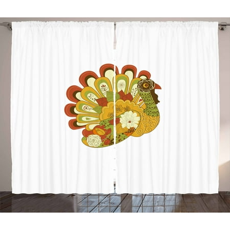 Turkey Curtains 2 Panels Set Farm Animal With Autumnal Floral