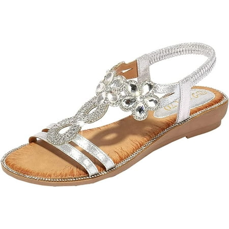 

CoCopeaunts Rhinestone Open Toe Flat Sandals for Women Casual Slingback Sandal Summer Shoes Bohemia Crystal Strappy Flat Sandals