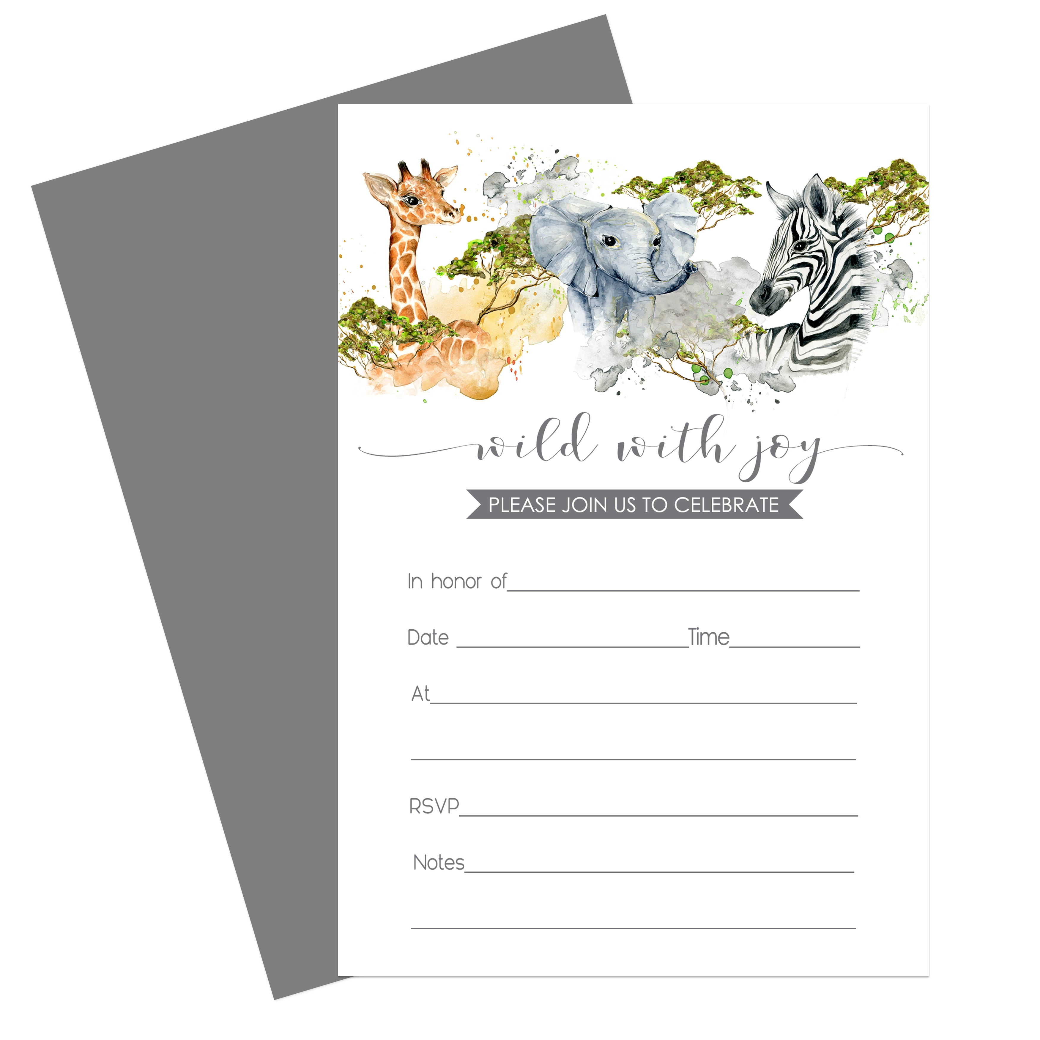 Jungle Baby Shower Invitations with Envelopes 15 Pack Fill In Blank Invites for Boys Baby Shower, Reveal, Birthday - Royal Safari Animal Event - Printed 4x6 Size Cards - Paper Clever Party