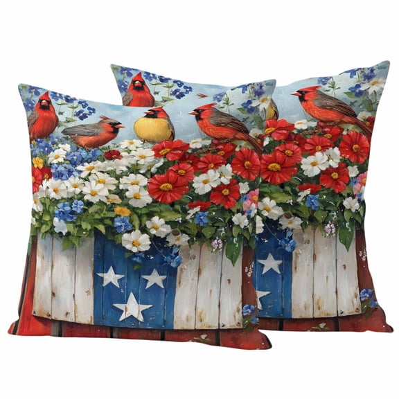 Star Stripe Flag Outdoor Waterproof Pillow Covers, Patriotic Red Blue Poppy Flower Bird Decorative Square Throw Pillowcase Sofa Cushion Sham for Patio/Couch/Chair, 24"x24" 2 Pack