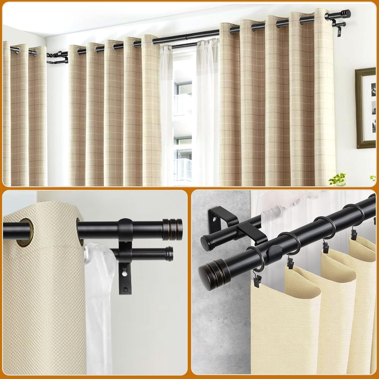 1 Inch Heavy Duty Double Bay Window Curtain Rods,36-72 Inch Center Rod for Window (24 to 68 Inch), 20-36 Inch Side Rods for windows (16-32 Inch), Antique Bronze, End Cap Finials