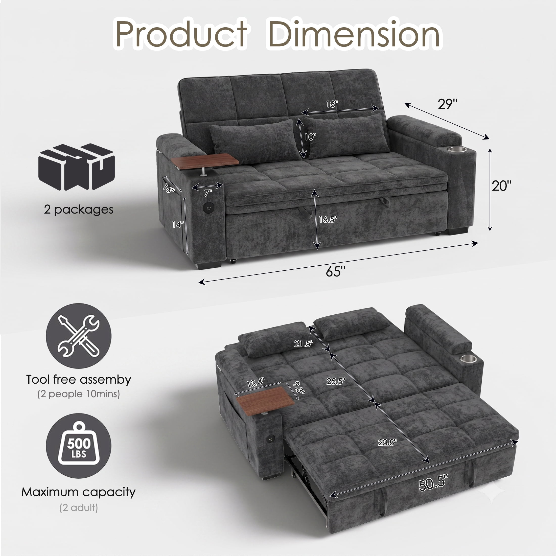 AISWORD 65" 3‑in‑1 Pull‑Out Sleeper Sofa Bed, Chenille Convertible Loveseat with USB Port, Rotating Side Table, Cup Holders for Small Spaces, Dark Gray