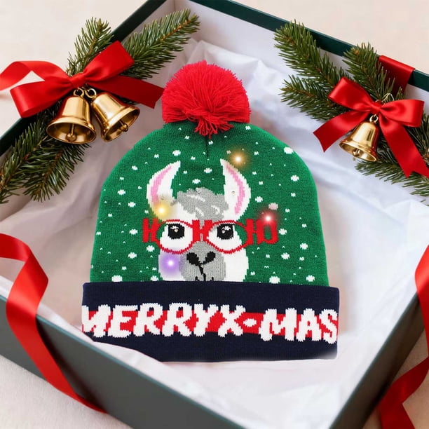 Adornos navideños, adornos navideños, regalos navideños, gorro navideño LED de moda invernal, gorro de Papá Noel con bolas de pelo, gorro de punto, gorro de lana cálido con protección para los oídos,