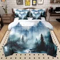 Manfei Woodland Jungle Plants 7pcs Bedding Comforter Set for Children Teens,Moutain Trees Queen Bedding Sets Super Cozy,Botanical Theme Queen Sheet Sets,Lightweight Room Decor,Reversible
