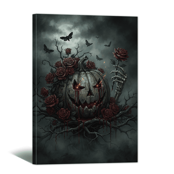 Gothic Dark Pumpkin Rose Canvas Wall Art Twisted Thorn Red Floral Prints, Abstract Spooky Halloween Artwork Paintings for Living Room Bedroom Entryway Gallery Home Decor