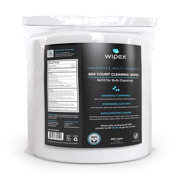 Wipex Gym Wipes for Fitness Equipment, Plant-Based Alcohol-Free Cleaning Wipes Refill Roll with Aloe Vera & BZK, 800 Count