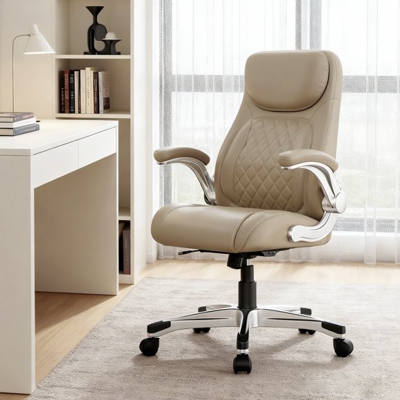 Nouhaus Ergonomic Executive Office Desk Chair with Lumbar Support, Flip-up Armrests, Adjustable Height, Brown Leather
