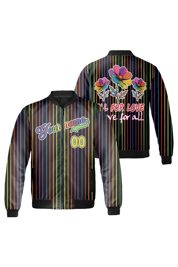 Custom Name Number All For Love Bomber Jacket, Rainbow Stripe and Colorful Flower Graphic, LGBT Pride Month Black Zip Up Jacket