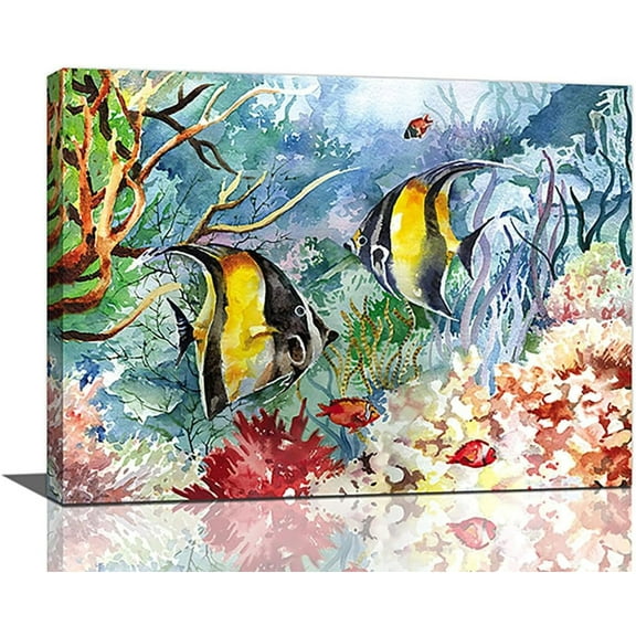 Colorful Ocean Fish Decor Wall Art Tropical Fish Pictures Watercolor Coral Canvas Painting Framed Artwork for Bathroom Living Room Bedroom 16"x12"
