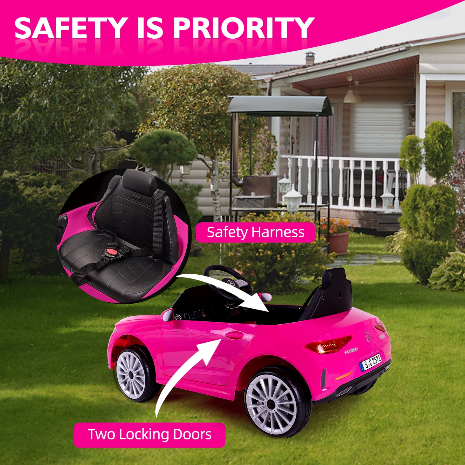Bopilon Kids Electric Ride on Car with Remote Control, 12V Licensed Mercedes Benz Kids Car Battery Powered Electric Vehicles Toy Car, Adjustable Speed, Safety Belt, Music&LED Light(Pink)