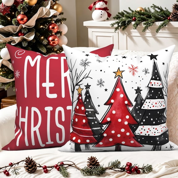 18x18 Inch Merry Christmas Throw Pillow Covers Set of 2 Double-Sided Red White Black Xmas Tree Winter Decorative Pillow Cases