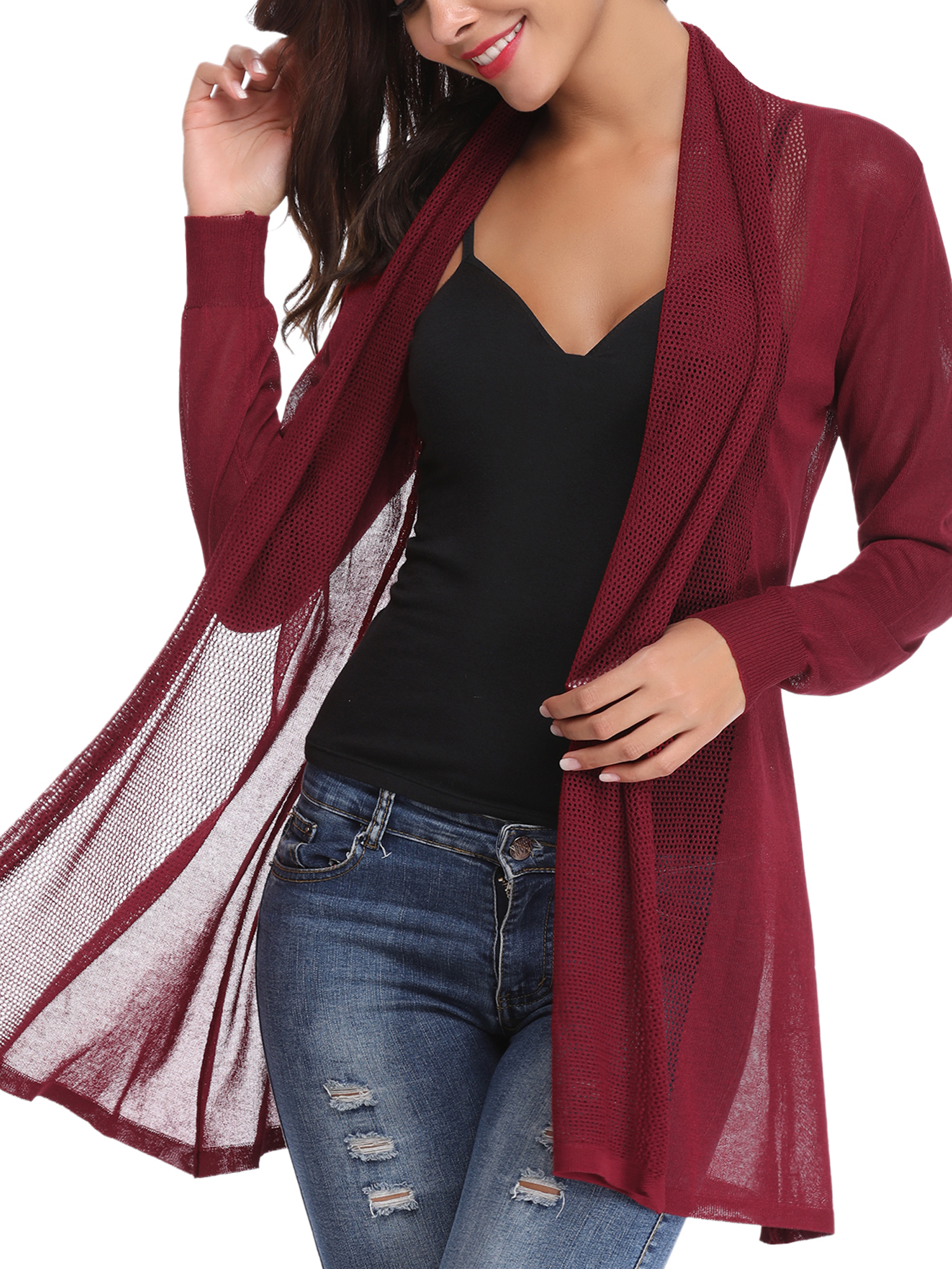 Abollria Women's Lapel Lightweight Open Front Cardigan Long Sleeve, Size: 2XL, Red