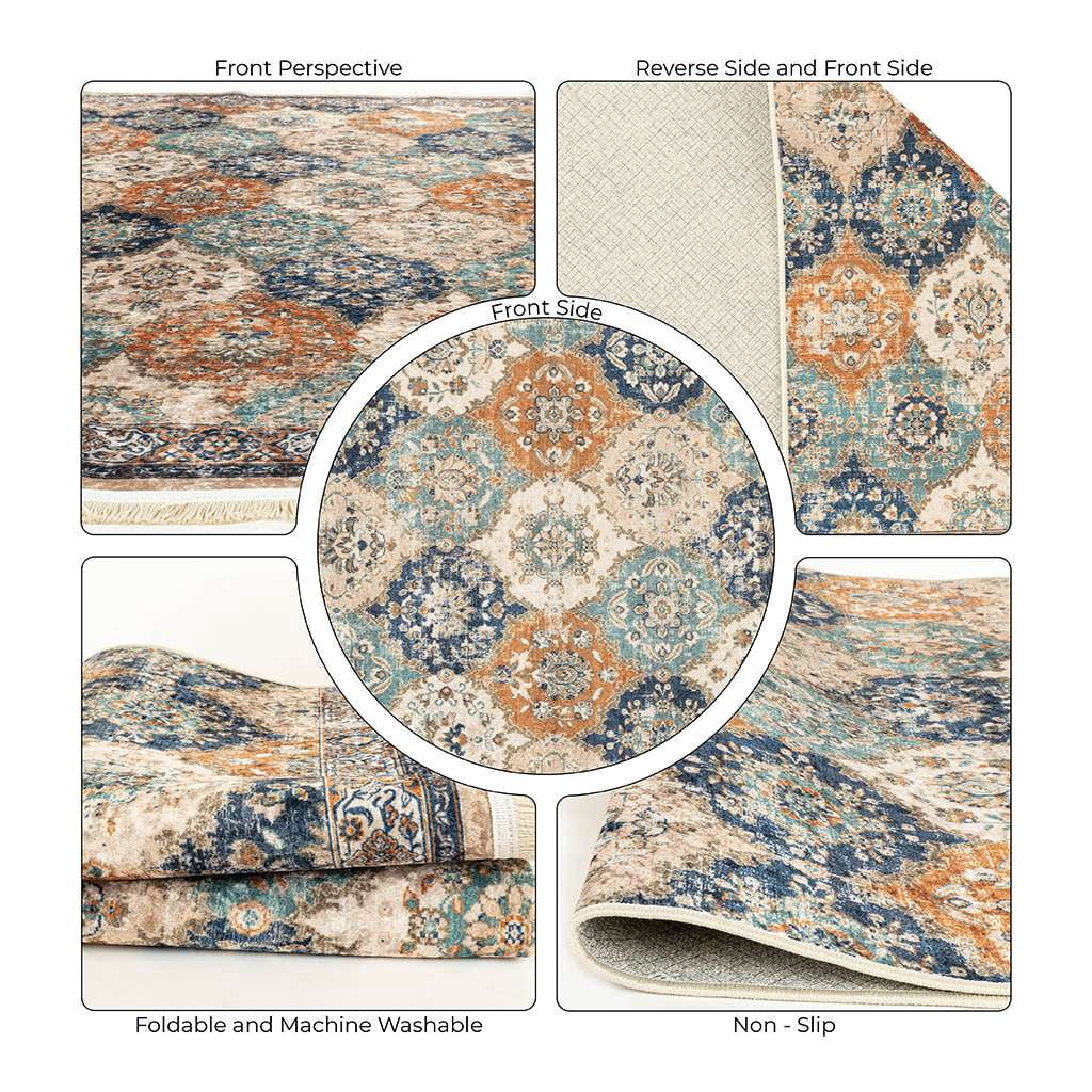 Alfa Rich 4x6 Area Rugs, Ultra-Thin Boho Blue Teal Beige Cream Rug, Non-Slip Machine Washable, Easy Clean, Pet Friendly Rugs