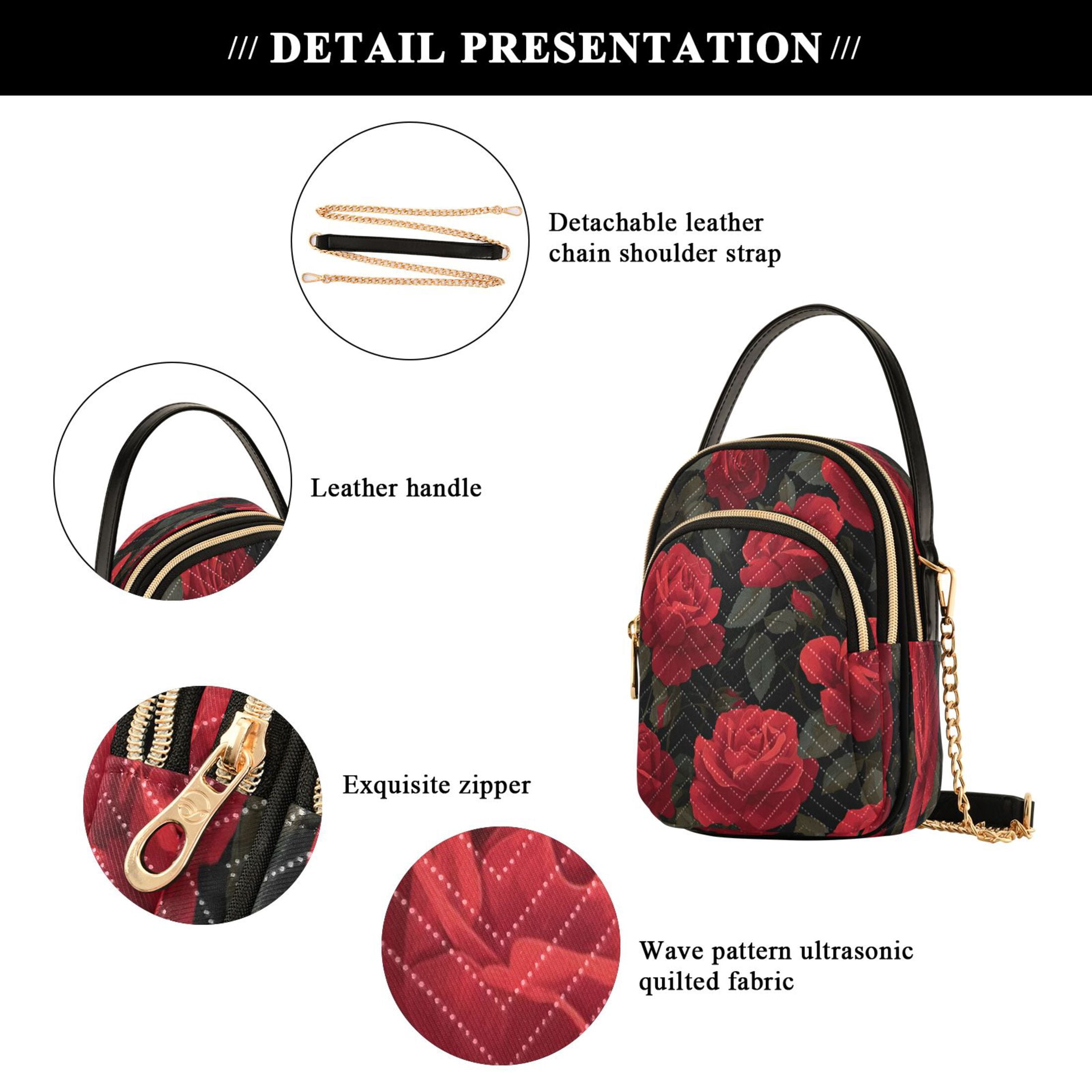Quilted Women's Crossbody Bag Purses and Handbags with Detachable Leather Strap Red Roses Pattern