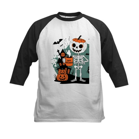 CafePress - Pumpkin Skeleton Drinking Coffee Shirt, Funny Hall Kids Baseball T Shirt - Kids Cotton Baseball Jersey, 3/4 Sleeve Shirt