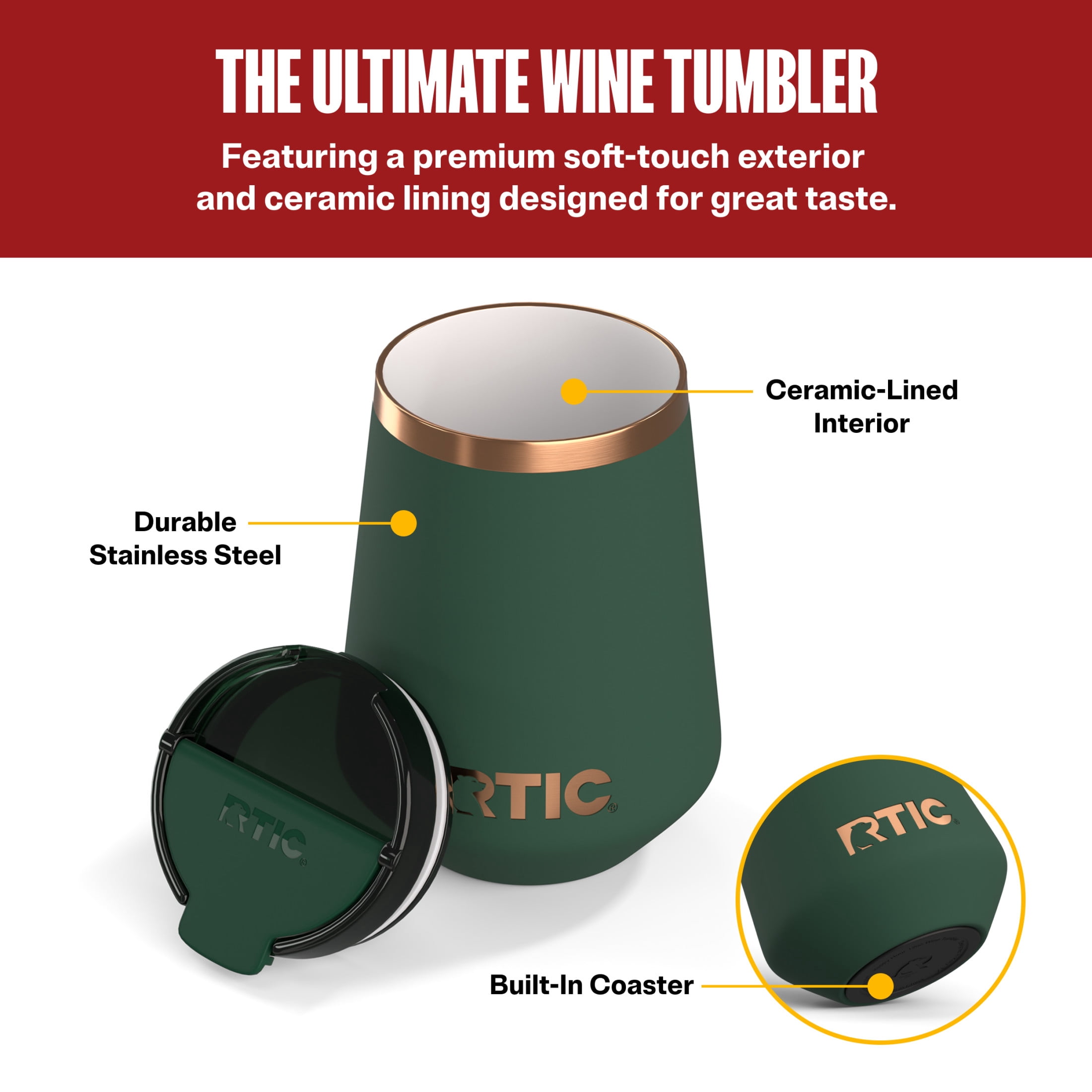 RTIC 12 oz Ceramic Lined Insulated Wine Tumbler with Leak Resistant Lid, Dark Pine