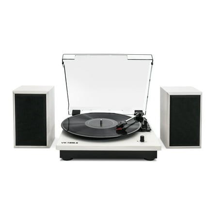 Victrola Montauk Bluetooth Record Player with 3 speed Turntable and Bookshelf Speakers - White