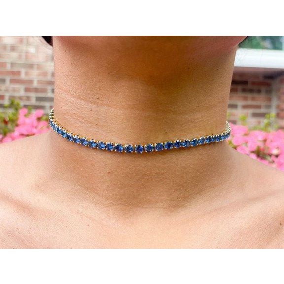 925 Sterling Silver Sapphire Tennis Necklace | Jeweled Choker | 5mm CZ Sapphire Choker | Bridal Jewelry |