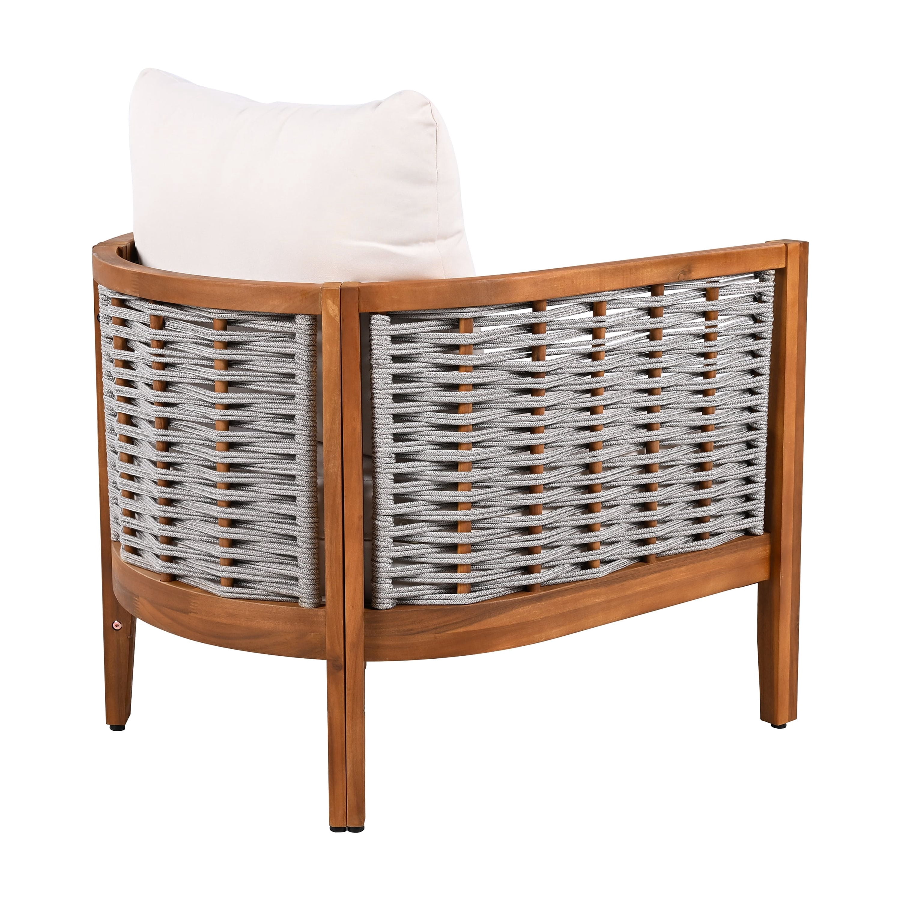 Outdoor Unique Tub Design Armchair with Woven Rope Patio Furniture Acacia Wood Chair for Porch, Teak and Beige