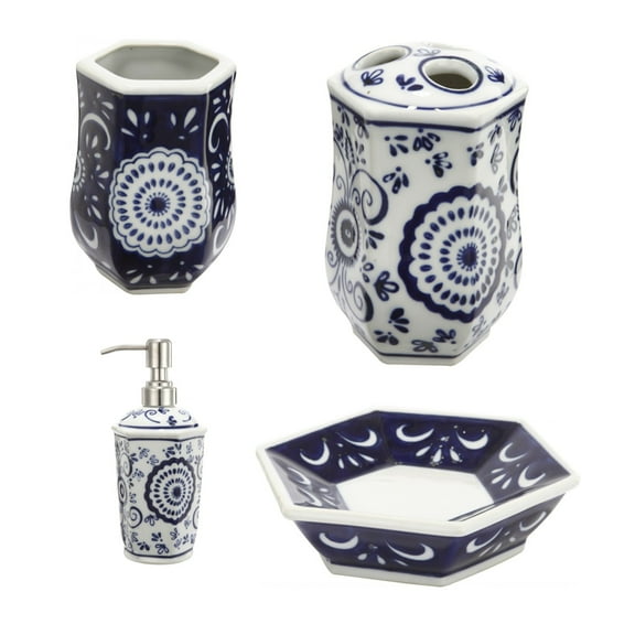 Benjara Elegantly Crafted Bath Accessories - Blue and White (Set of 4)