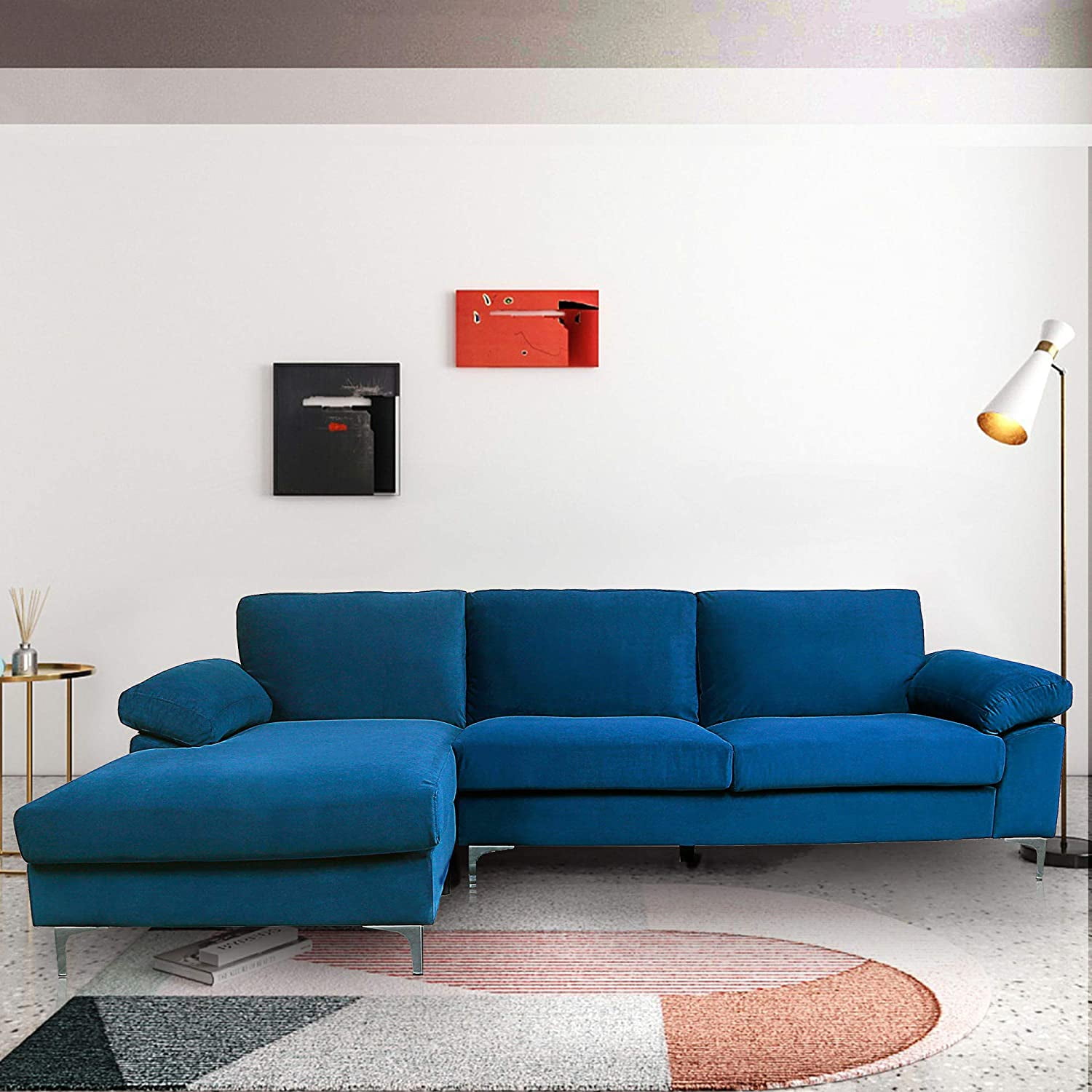 Velvet Sleeper Sectional Sofa Modern Futon Tufted Chaise Couch With Metal Legs Left Hand Facing L Shape 4 Seat Sofas For Apartment Living Room Navy Blue Com Velvet Sleeper Sectional Sofa Modern, Sofa Lounge Sleeper