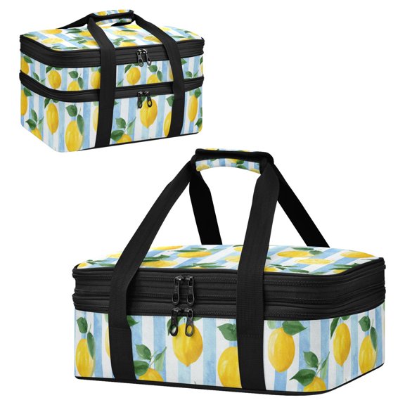 Large Double Decker Insulated Casserole Carrier Expandable 2-Layer Thermal Food Tote Bag Sunny Lemon Summer Stripes Hot Cold Pizza Lasagna Holder for Potluck Picnic Party Camping