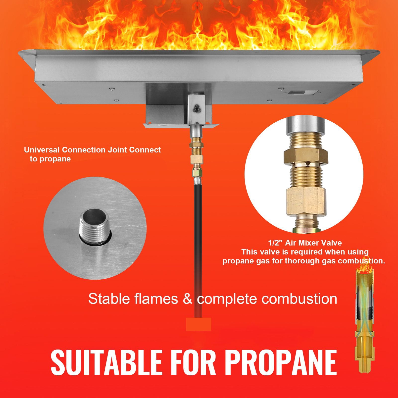 Dranite Drop-in Fire Pit Pan 24x8 Inch, 120K BTU H-Burner for Natural Gas & Propane Use