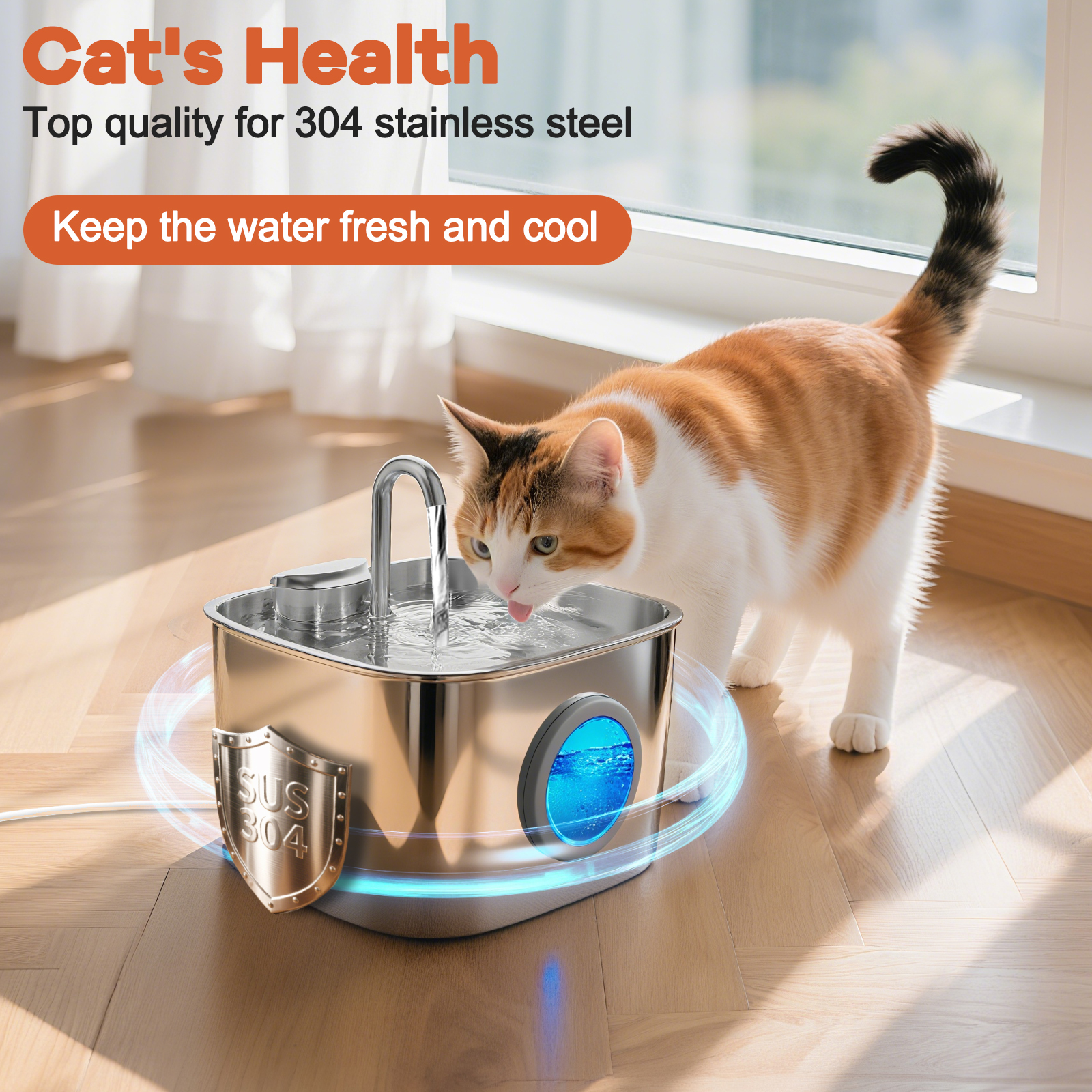Cat Water Fountain Stainless Steel, YUWENUS 78oz/2.2L Pet Fountain with Water Level Window Automatic Water Dispenser with 4 Replacement Filters for Cats, Dogs