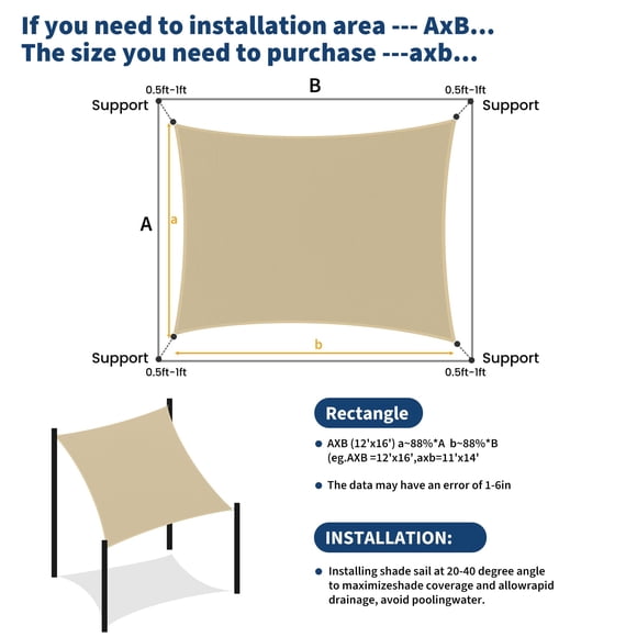 Kojooin 12 x 16 ft Rectangle Sun Shade Sail, UV Block Outdoor Shade Cloth Canopy for Backyard, Deck, Garden or Yard