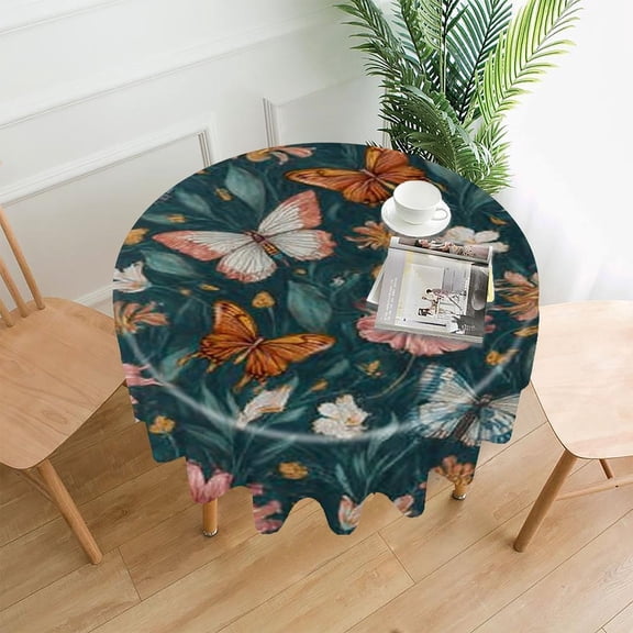 RKSupls 60 Inch Round Tablecloth, Butterflies Flowers Pattern Premium Polyester Straight Edge Wrinkle Resistant Washable Table Cover for Party Home Dining Decor