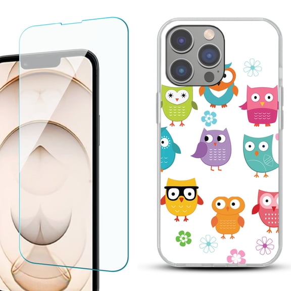 Slim-Fit Gel TPU Phone Case for iPhone 14 Pro, with Tempered Glass Screen Protector, by OneToughShield ® - Happy Owl