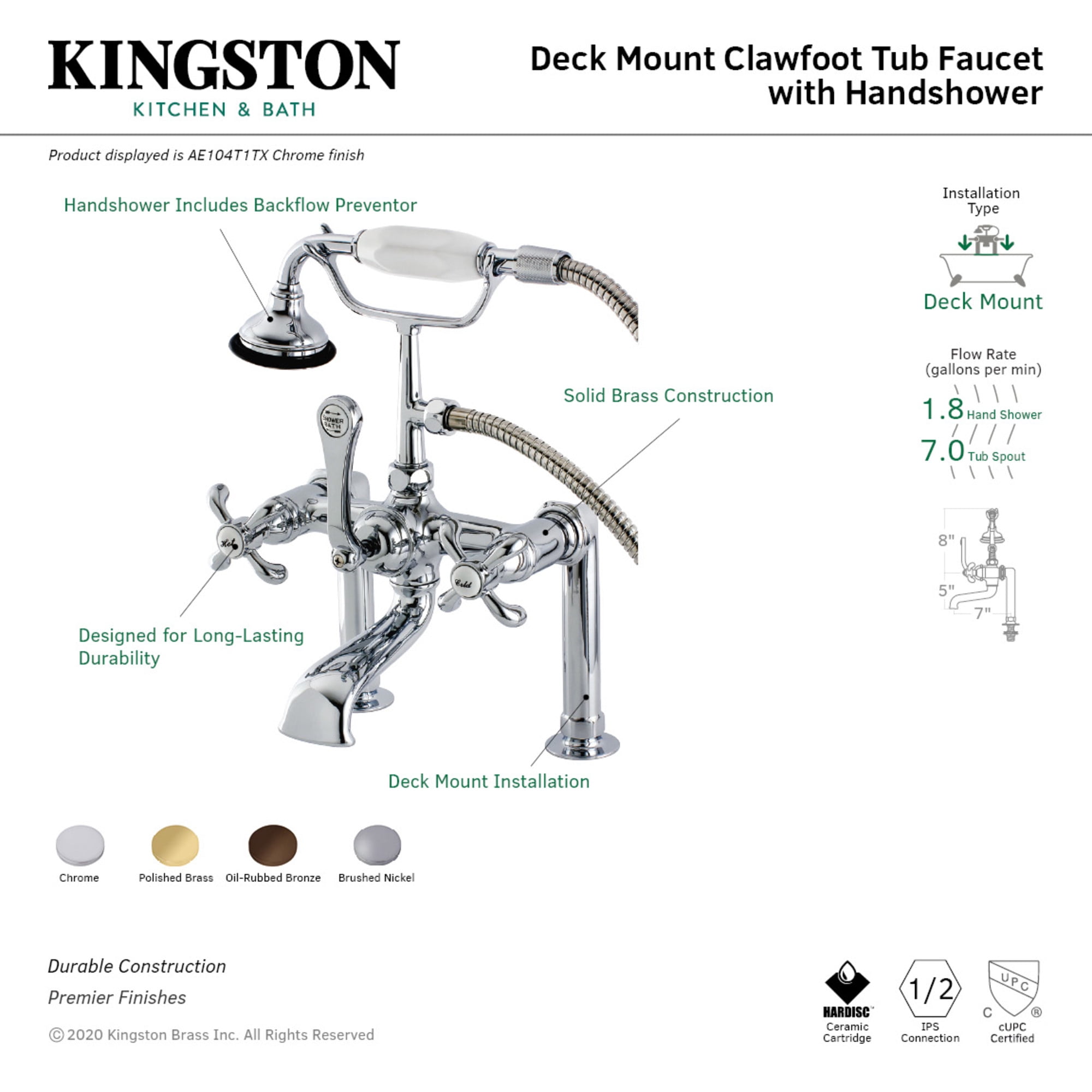Aqua Vintage AE103T8TX French Country 7" Center Deck-Mount Clawfoot Tub Faucet with Hand Shower, Brushed Nickel