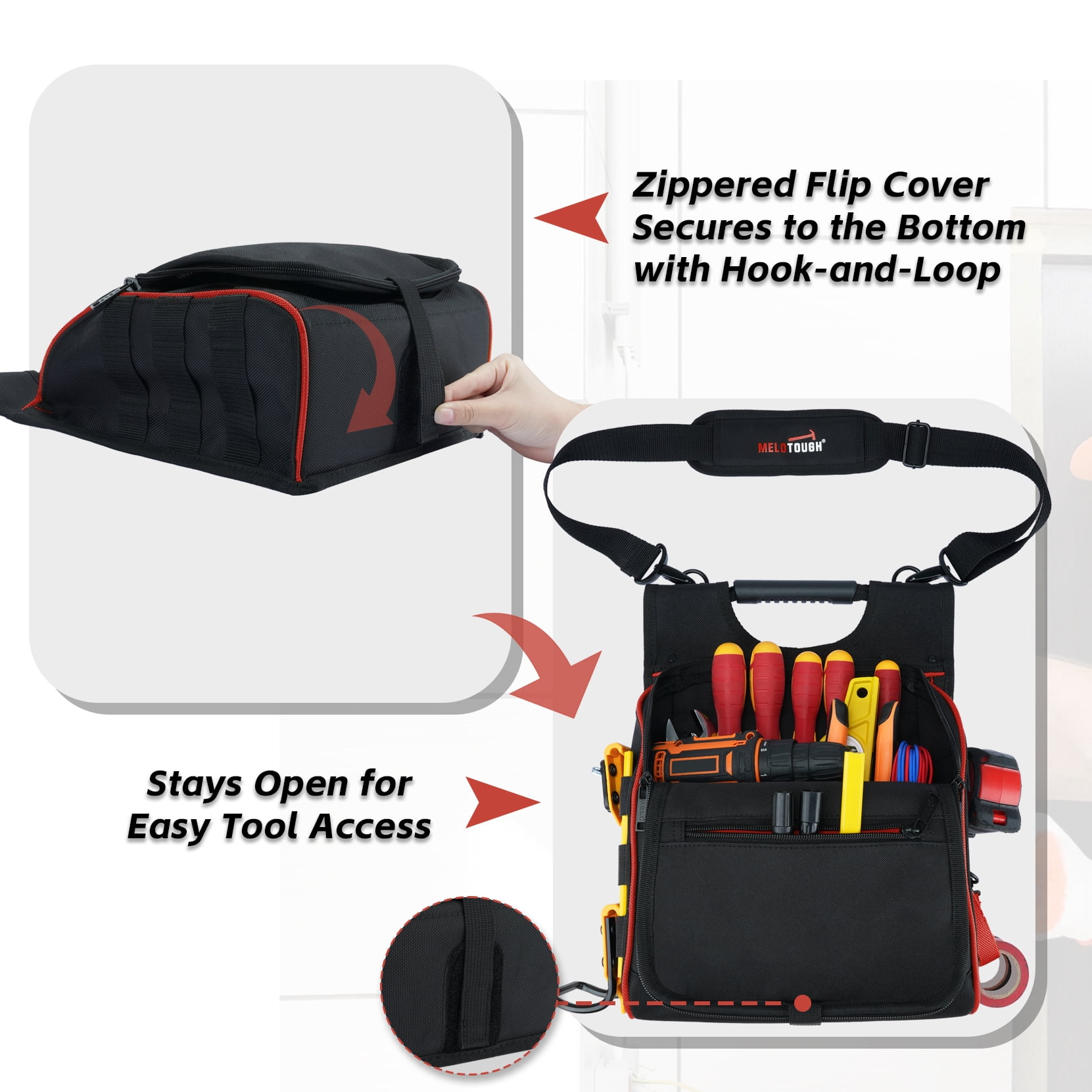 MELOTOUGH Electrician Tool Pouch with Shoulder Strap, Zippered Flip Cover Tool Pouch Bag with Multiple Storage Pockets for Electricians, Technicians, Maintenance