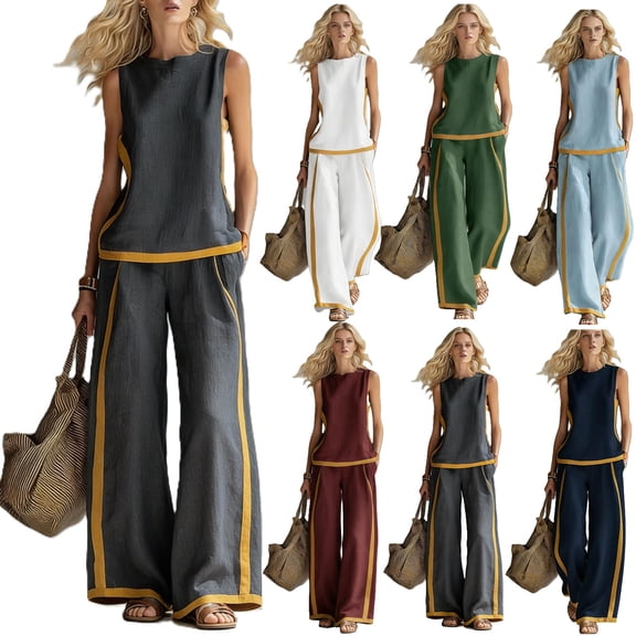 2 Piece Sets for Women Color Block Linen Lounge Sets Sleeveless Top Wide Leg Pants Matching Casual Travel Outfit, M