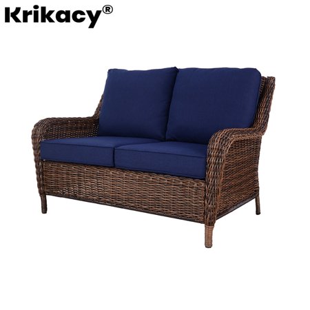 krikacy patio sofa, 2-seater rattan chair, all-weather outdoor hand-woven rattan furniture, wicker sofa for porch deck backyard, blue