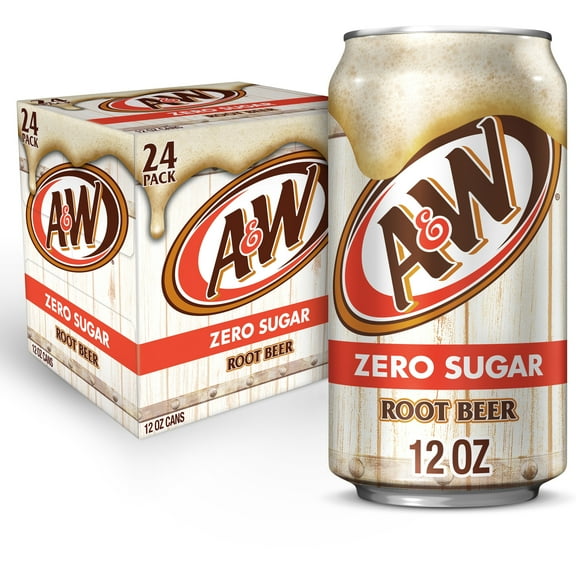 A&W Zero Sugar Root Beer Soda Pop, 12 fl oz, 24 Pack Cans