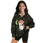 COEQINE Girls Quarter Zip Sweatshirt Pullover, Loose Fit Long Sleeve Fall Tops with Collar, Soft Polyester Fashion Top for Ages 5-6 Machine Washable, Mushroom Cat Moon Star