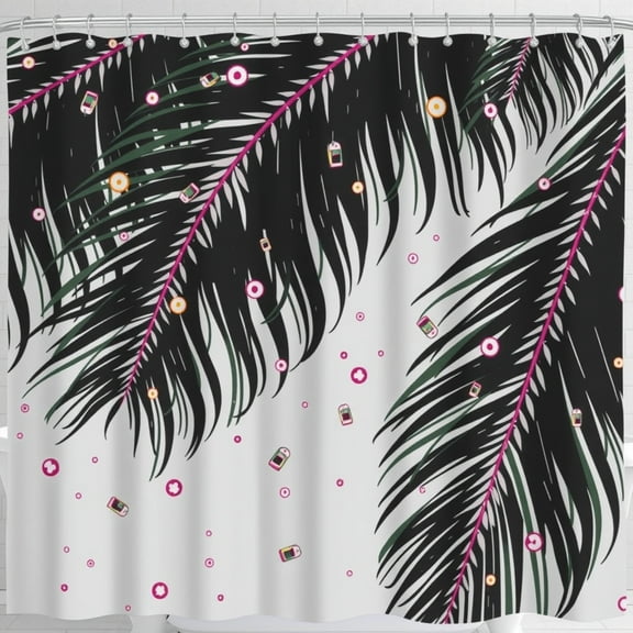 Tropical Frond Shower Curtain with Pink Stem & Gray Background