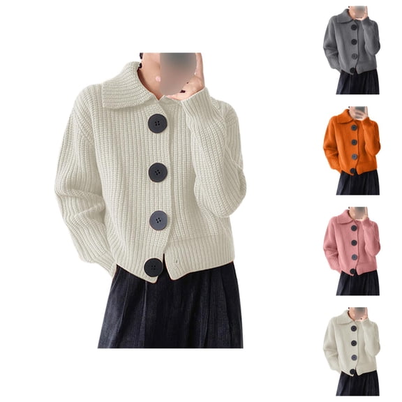 Women'S Sweaters, Cardigan Sweaters for Women, Big Button Knit Jacket, Retro Lapel for Loose Lazy Style Wear