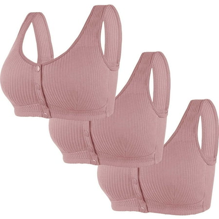 REORIAFEE Support Bras for Women 3 Pack Front Closure Gathered Together Wirefree Bras Striped Brassiere Wide Strap Breathable Corset Underwear Comfortable Classic Support Lingerie Pink XXL44/100