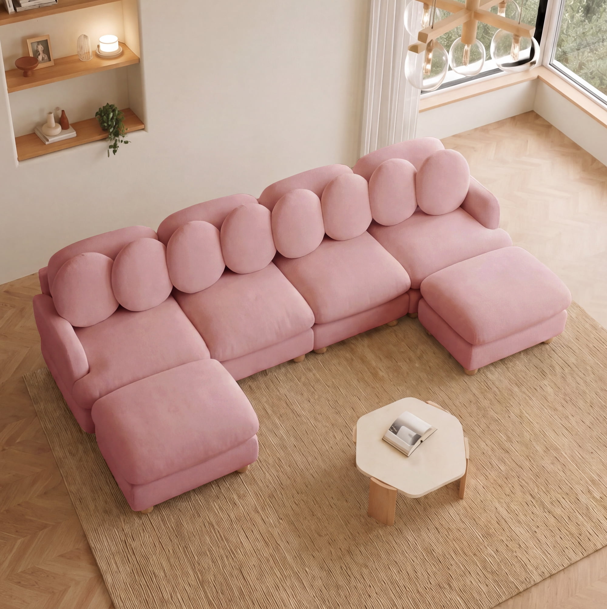 123" U-shaped 6 Seater Chenille Modular Sectional Sofa Couch with 8 Throw Pillows and 2 Ottoman