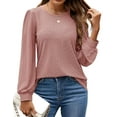 thumbnail image 3 of Long Sleeve Eyelet Tops for Women 2025 Spring Fall Crew Neck Shirts Casual Loose Blouse Trend Outfits Clothes Pink M, 3 of 9
